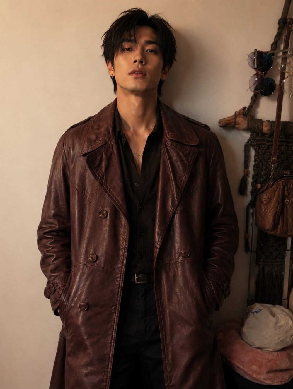 Vintage Tartan And Brown Leather Trench Coat
